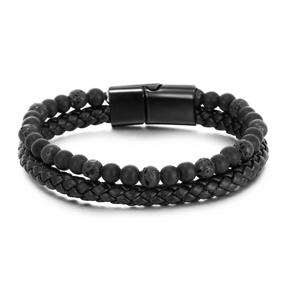 1 Piece Fashionable Style Bead Shape Leather Inlay Natural Stone Men's Bracelet h5 